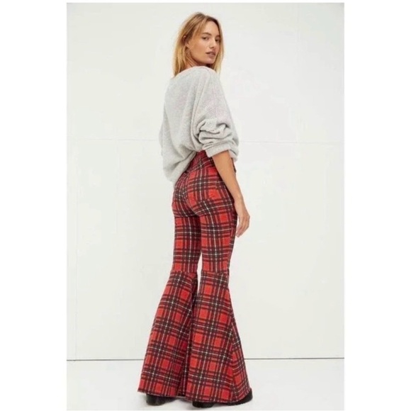 We the Free Just Float On Red Plaid Flared Pants Size 27 - Picture 3 of 8